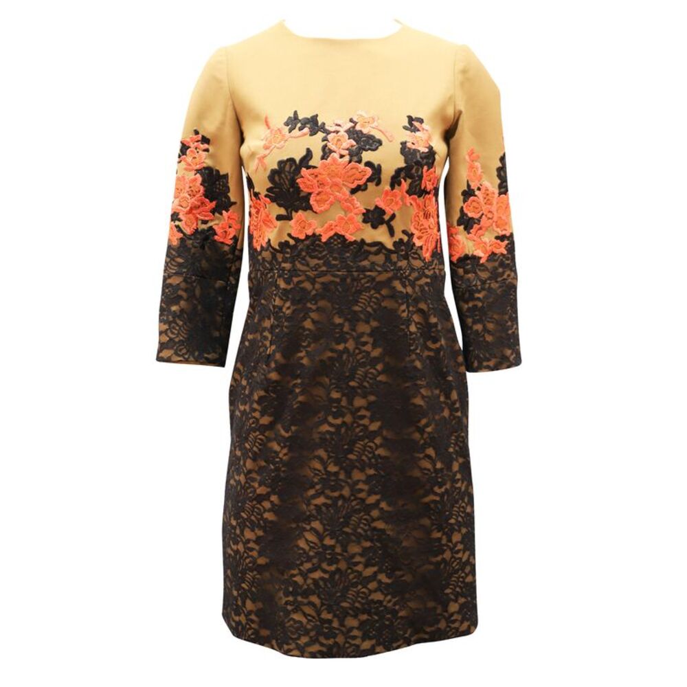 Erdem Lace Embroidered Shift Dress in Tan Linen